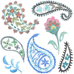 Watercolor Painting Paisley Elements