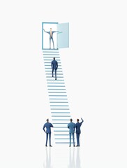 Way to the success. Successful businessman climbing up the stairs. Achieving goals, making career, professional growth, banking, investment advisory, making money concept. 3D rendering illustration.