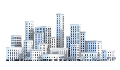 3d rendering illustration of beautiful city buildings. Banks, offices, residential buildings with apartments. City lifestyle, modern town