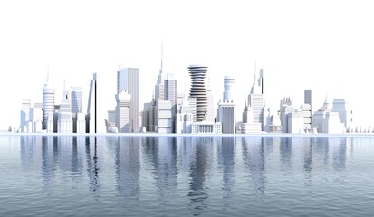 Obraz premium 3D rendering illustration Beautiful modern city with lots of skyscrapers. City on the river. Modern business centre, downtown with reflection in water.