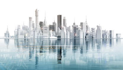 3D rendering illustration Beautiful modern city with lots of skyscrapers. City on the river.  Modern business centre, downtown with reflection in water.