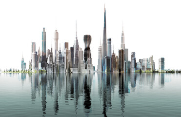 Fototapeta premium 3D rendering illustration Beautiful modern city with lots of skyscrapers. City on the river. Modern business centre, downtown with reflection in water.