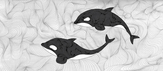 Ilustración de dos orcas nadando en el fondo marino. Fondo. 