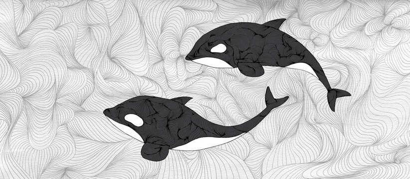 Ilustración de dos orcas nadando en el fondo marino. Fondo. 