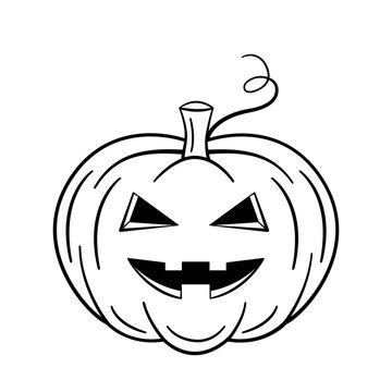 Halloween pumpkin with scary face. Hand drawn sketch icon. Isolated vector illustration in doodle line style. 