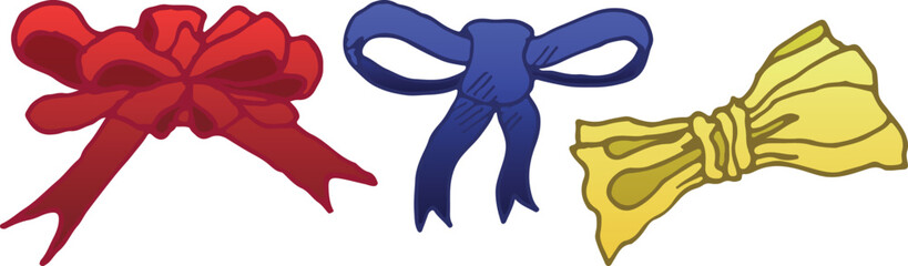 A set of illustrations of bows with a stroke. Red, yellow and blue, eps ready to use. For your design