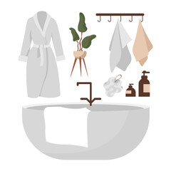 Bathroom. Toilet furniture. Restroom with white enameled bath and washbasin, automatic washer, or laundry baskets. Shelves with toiletries, soft towels. Modern room interior, vector set in flat style