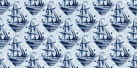 Indigo dye wash coastal damask seamless border pattern. Washed out geometric dip dyed blur effect edging. Nautical and marine ocean blue masculine endless tape background with linen texture trim.