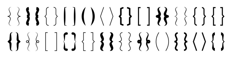 Text brackets collection, black quotation box. Curly, square and corner parentheses. Vintage typographical symbol, calligraphic quote frame. Doodle, lettering element. Vector illustration.
