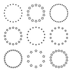 Stars of various sizes arranged in a circle. Round frame, border. Black star outline, simple symbol. Design element, ornament. Line art. Vector illustration