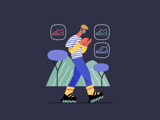 Online shopping - electronic commerce series - modern flat vector concept illustration of a man wearing roller skates and shopping on the go. Promotion, discounts, sale and online orders concept