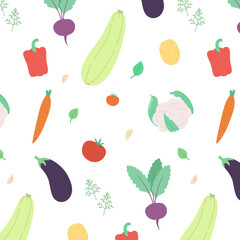 Seamless pattern of vegetables and herbs. Repeating background with zucchini, cauliflower, beetroot and others.