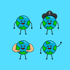 Cute earth character with different emotions cartoon world mascot figure collection save planet isolated concept