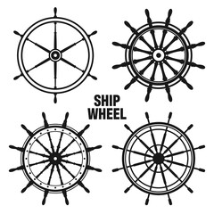 Collection of vintage steering wheels. Ship, yacht retro wheel symbol. Nautical rudder icon. Marine design element. Vector illustration