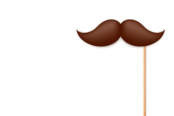 Realistic fake mustache on a wooden stick. Vintage paper mustache for carnival or holiday. Brown facial hair, hipster beard. Vector illustration