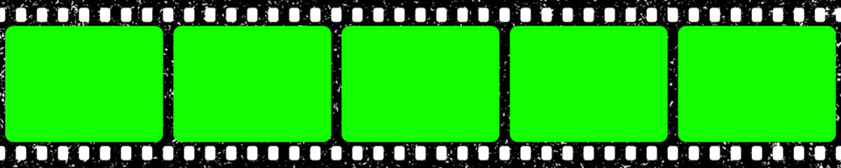 Realistic grunge film strip, camera roll. Old retro cinema movie strip with blank green chroma key background. Analog video recording and photography. Visual effects compositing. Vector illustration