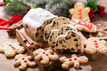 Christmas stollen cake on a wooden board