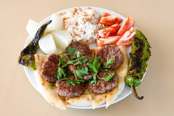 Meatball between bread (Turkish name : ekmek arasi kofte ) Izgara kofte. Manisa, Akcaabat, Akhisar  kofte