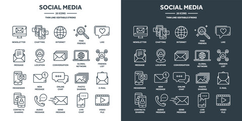 Communication, social media and online chatting. SMS, phone call, messaging in smartphone messenger application. Computing, email web services support. Thin line icons set. Vector illustration