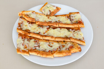 Kiymali pide. Turkish pide with minced meat. Turkish pizza mince pita Pide on white background. Etli ekmek. Kusbasi kasarli pide.