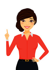Young beautiful  woman brunette holding thumbs up, emotion, hand gesture. Business woman, business. Flat style on a white background. Cartoon
