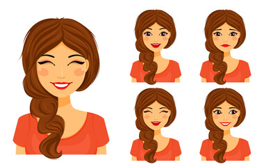 Attractive young woman with different facial expressions. Set of emotions. Smile, happiness, sadness. Flat style on a white background. Cartoon