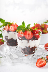 Trifles. Brownies, fresh strawberry and mascarpone cream servered in layers on glass on white background. Portion desserts. No baked brownie cheesecake with fresh berries in a glass.