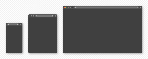 Blank web browser window with toolbar and search field. Modern website, internet page in flat style. Browser mockup for computer, tablet and smartphone. Adaptive UI, dark mode. Vector illustration