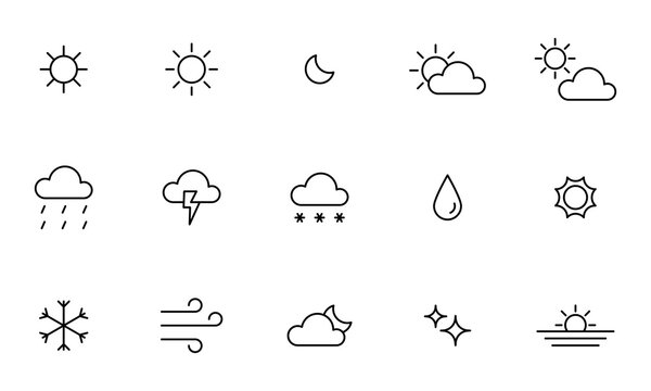 Conjunto de iconos de sol, luna, lluvia, estrella, viento, copos de nieve, rayo. Concepto de estado del clima. D&iacute;a y noche