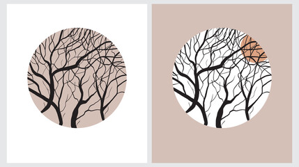 Simple Hand Drawn Vector Illustrations with Black Winter Trees in a Round Shape Frame on a White and Light Brown Background. Sunset in a Autumn Forest. Leafless Trees Modern Print ideal for Wall Art.