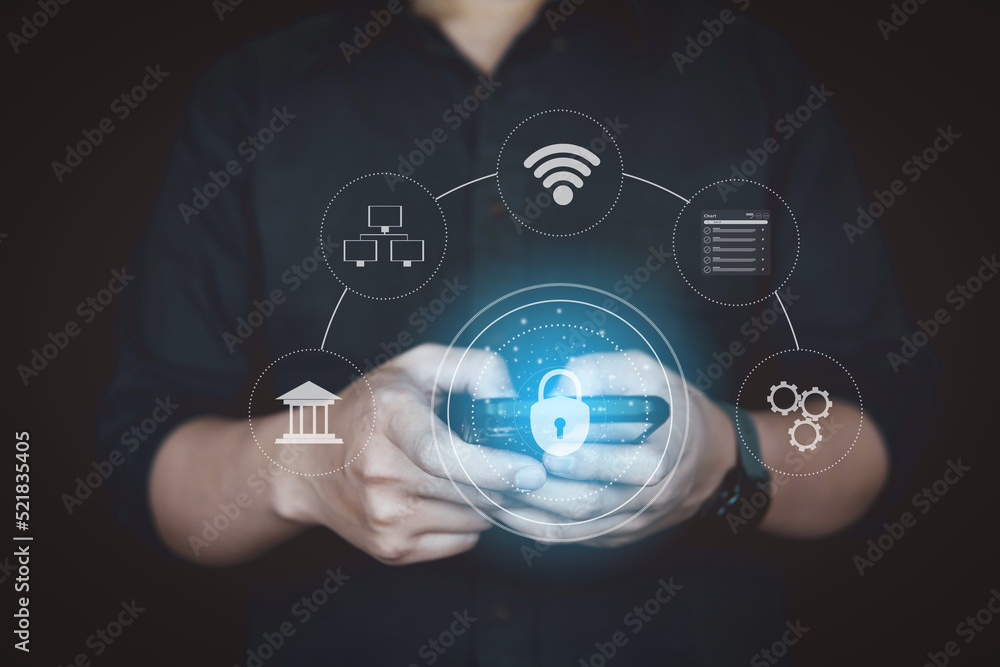 Poster internet network security concept with people use smartphone connect internet.
