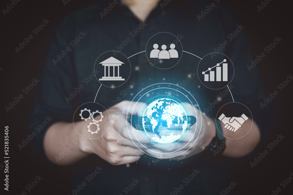 Poster network connection and global connection concept, people use smartphone for business online and conn