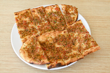 Kiymali pide. Turkish pide with minced meat. Turkish pizza mince pita Pide on white background. Etli ekmek. Kusbasi kasarli pide.
