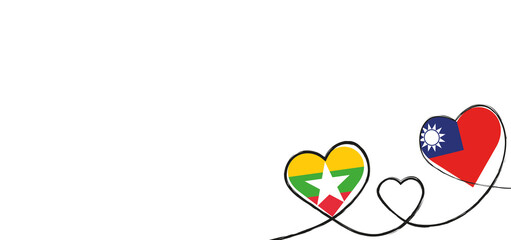 Drei Herzen mit der Fahne von Taiwan und Myanmar (Birma)