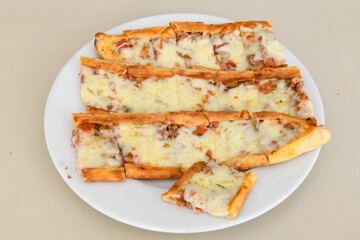 Kiymali pide. Turkish pide with minced meat. Turkish pizza mince pita Pide on white background. Etli ekmek. Kusbasi kasarli pide.