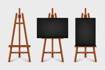 Realistic paint desk with blank black canvas. Wooden easel and a sheet of drawing paper. Presentation board on a tripod. Artwork mockup, template. Vector illustration - obrazy, fototapety, plakaty