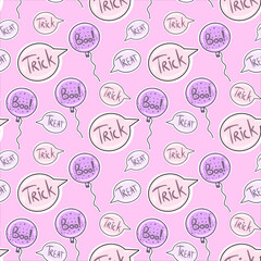 Vector Seamless pattern for Halloween on Pink background with Treats or Trick in balloons.