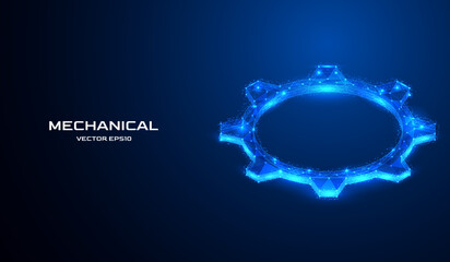 Abstract digital low poly isometric 3d gear. Cog wheel mechanism engineering in dark blue background. lines and dots mesh structure concept vector background.