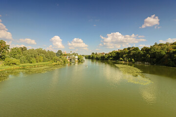 Obraz premium View of Southern Bug river and a church of Blessed Xenia of St. Petersburg in Vinnytsia, Ukraine