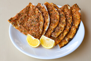Kiymali pide. Turkish pide with minced meat. Turkish pizza mince pita Pide on white background. Etli ekmek. Kusbasi kasarli pide.