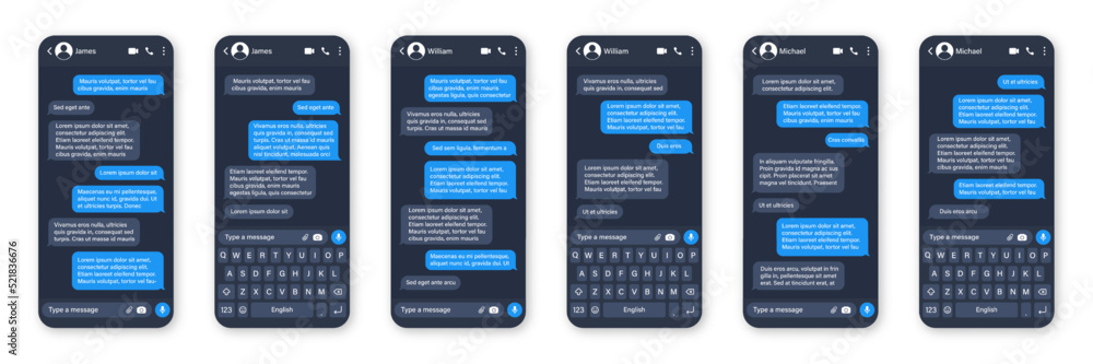 Wall mural Messaging app design, user interface. SMS text frame. Conversation chat screen with blue message bubbles and placeholder text. Social media application. Vector illustration.