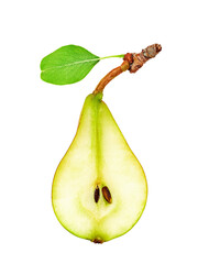 Half of one tasty and bright pear fruit with green leaf, sliced in section. Design element for package and food topics