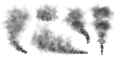 Fototapeta premium Black realistic smoke, dust clouds isolated on white background. Dirty polluted smog or fog. Air pollution, mist effect. Smoke from fire or explosion. Vector illustration