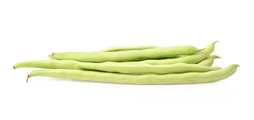 Bunch of raw bush beans, green beans cut into pieces on white background.