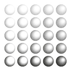 Round shaped dotted objects, stipple elements. Fading gradient. Stippling, dotwork drawing, shading using dots. Pixel disintegration, halftone effect. White noise grainy texture. Vector illustration