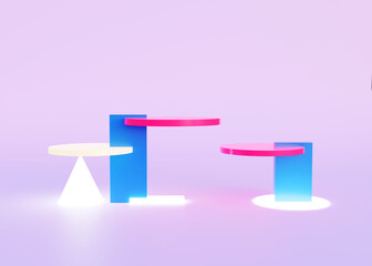 Simple colorful lightning podium. Modern Pedestal. Display stand for products, cosmetic or skincare advertising. 3D rendering. Simplify concept.