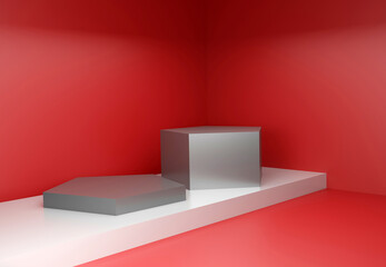 Simple grey podium. Modern Pedestal. Display scene stage platform showcase stand for products, cosmetic or skincare advertising. Banner size and cover size. 3D rendering. 