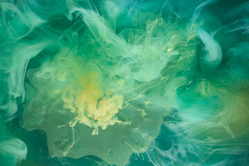 Liquid fluid art abstract background. Blue green acrylic paint underwater, galactic smoke ocean