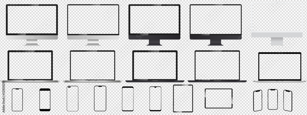 Poster realistic mock up set computer, laptop, tablet and phone. device screen mockup collection. mock up c