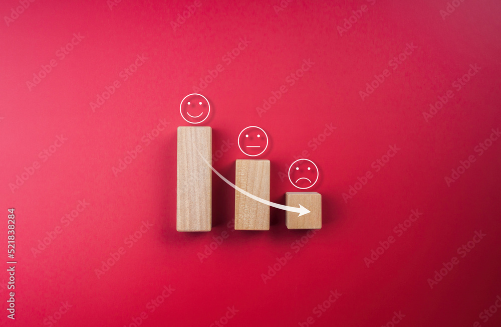 Poster feedback, client survey, customer experience satisfaction rating with emoticon face. rising arrow do